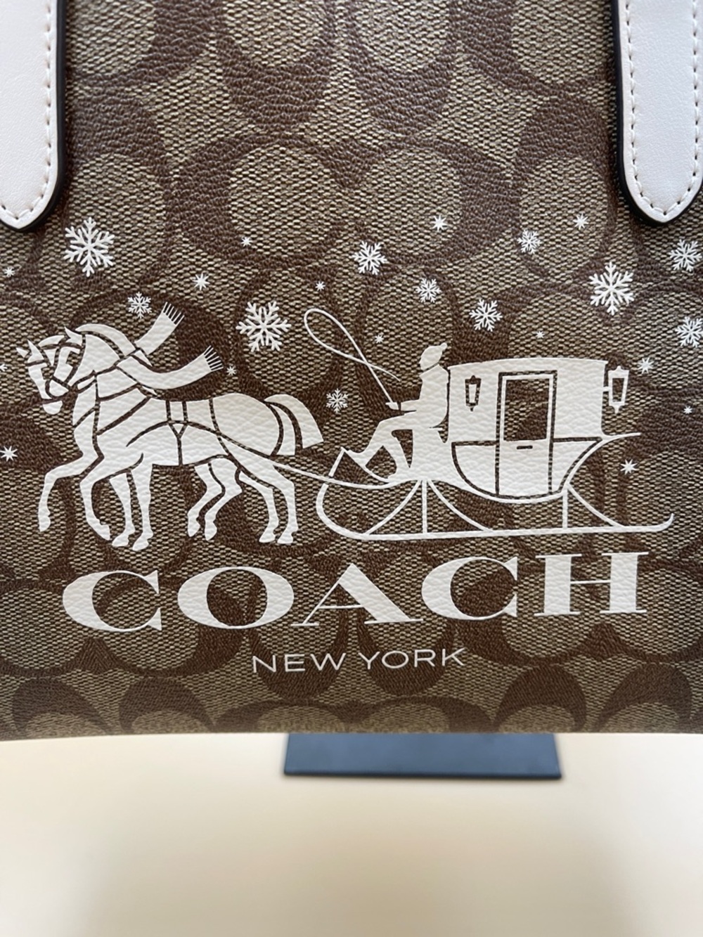 Coach Brown Mini Canvas Tote with White Trim and Festive Coach Carriage Print - Picture 2 of 6